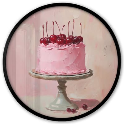 Poster in lijst Rond - Fotolijst 40x40 cm - Posters - Taart - Pink - Cherry - Ronde posterlijst zwart - Decoratie - Wanddecoratie woonkamer - Muurdecoratie slaapkamer