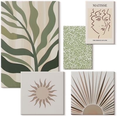 Wallfluent Set van canvas schilderijen - Stijlvolle afbeeldingen met plantenmotieven en abstracte patronen Canvas Schilderijen Set - Set van 5 Canvas Schilderijen - Groente Set van Canvas Prints - Natuur Canvas Kunst Set - Boheemse Canvas Kunst Set