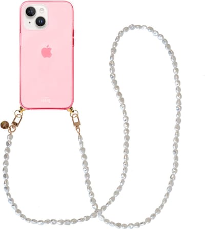 xoxo Wildhearts silicone case met koord - Roze telefoonhoesje met koord - telefoonketting - Pearlfection - long - Cord Case - geschikt voor Apple iPhone 13 - Parelketting lang