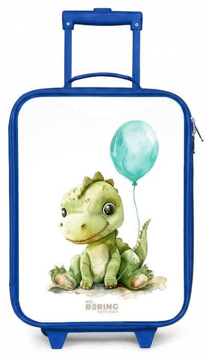 NoBoringSuitcases.com® - Kinderkoffer blauw - Kindertrolley jongen - Dino met blauwe ballon - Koffer kind lichtgewicht - Reiskoffer trolley voor kinderen - Koffertje met lichtgevende wieltjes - Rolkoffer