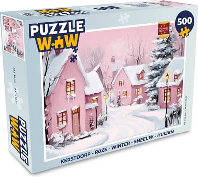 Puzzel Kerstdorp - Roze - Winter - Sneeuw - Huizen - Legpuzzel - Puzzel 500 stukjes - Kerst - Cadeau - Kerstcadeau voor mannen, vrouwen en kinderen