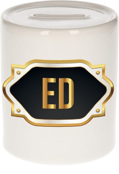 Spaarpot met voornaam Ed - wit - met goud/zwart embleem - 8 x 9 cm - keramiek - met afsluitdop - cadeau verjaardag
