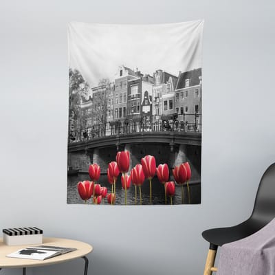 New Bed Zwart-wit Amsterdamse Grachten Decoratieve Wandtapijt, Stoffen Wanddecoratie voor Slaapkamer Woonkamer Studentenkamer, 110cm x 150cm