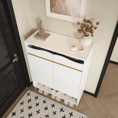 MODENUIT Schoenenkast - Met LED, 2 Laden En 2 Deuren - Voor Hal En Woonkamer - MDF En Spaanplaat - Wit - 80x35x105 Cm