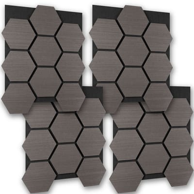 tectake® Akoestische Hexagon Panelen - Set van 4 - Akoestisch Wandpaneel - 76 x 62 cm - Wandpanelen met Aanpasbare Grootte en Patronen - MDF en Houtfineer - Geluidsisolatie - Stijlvolle Wanddecoratie - Eenvoudige Montage - Eiken Grijs