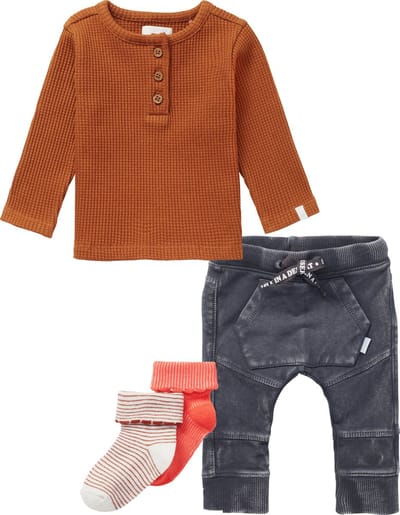 Noppies - Kledingset - 4delig - Broek Troia Zwart - shirt Spilsby bruin - 2paar sokjes - Maat 56