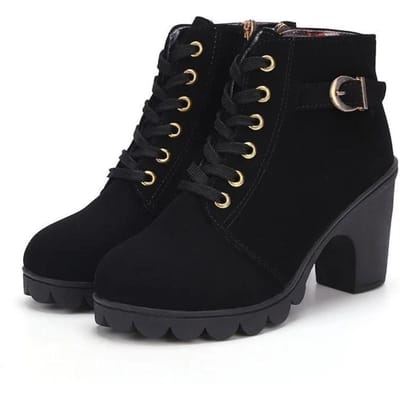 Nieuwe Stijl Ronde Neus Dikke Hak Vetersluiting Dameslaarzen Casual en Comfortabele Dikke Zool Rijlaarzen Schoenen Hoog 35 black