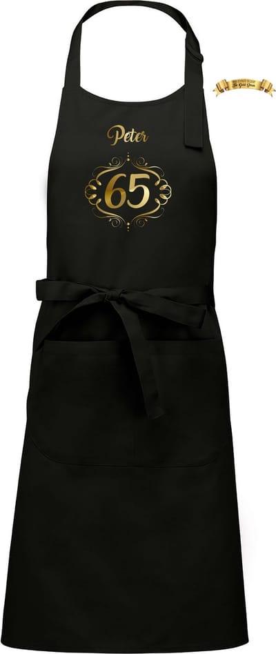 Naam cadeau - Hoera 65 - unisex keukenschort/barbecueschort - zwart - cadeau verjaardag - trouwdag - jubileum