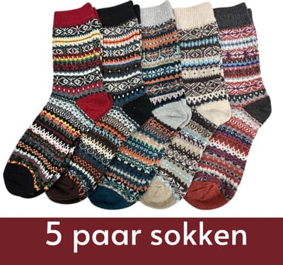 Warme Winter Sokken met Wol - Set van 5 paar - maat 38-42 - Vintage design - Hygge Huissokken/Wandelsokken dames/heren