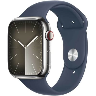 Apple Watch series 9 GPS + Cellular 41 mm zilverkleurige roestvrijstalen behuizing met stormblauwe sportband - M/L