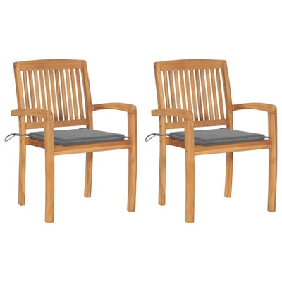 vidaXL - Tuinstoelen - 2 - st - met - grijze - kussens - massief - teakhout