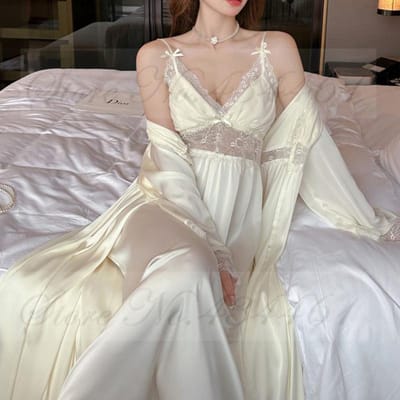 Lente Zomer Kimono Badjas Gewaad Vrouwelijk Lang 2-delige Gewaad Set Nachtkleding Sexy Kant Nachthemd Intieme Lingerie Satijn Huisjurk M white