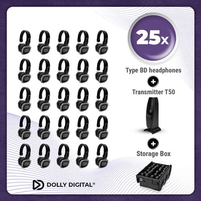 Complete Set 25x Dolly Digital© BD Draadloze Koptelefoons voor groepen + T50 Zender + Professionele Storage Box| Silent Disco