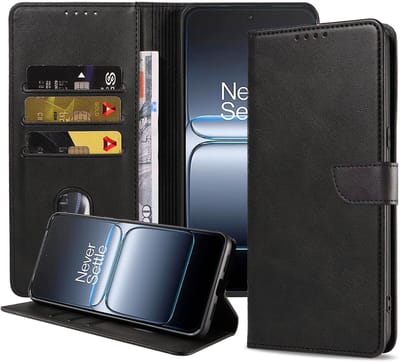 Geschikt voor OnePlus Nord 5 Telefoonhoesje Kunstleer met Magnetisch lipje en Pasjeshouder Book Case met Klepje - Walletcase with Cardslot - Zwart - Smartphonica geschikt voor OnePlus Nord 5