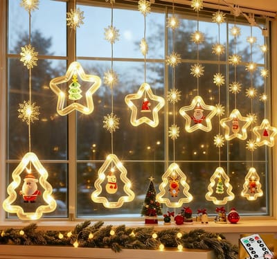 Christmas LED Kerstverlichting 3M - Lichtgordijn Met afstandsbediening & haak & Timer -kerst gordijnverlichting-Kerst Lichtslingers met USB- Vorm met Snowflakes & Kerstman & vriendjes - Kerststerren- Warm wit licht- Sfeer Verlichting