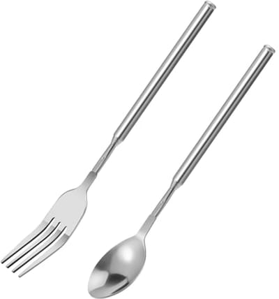 Telescopische lepel en vork set van roestvrij staal, uitschuifbaar van 22 cm tot 65,6 cm voor diner en dessert