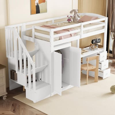 MEUNIQ hoogslaper 90x200 cm met bureau, kledingkast, 3 lades, open opbergruimte, trap met opbergruimte en lattenbodem, zonder matras, wit