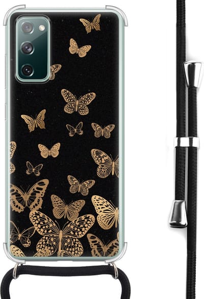 Hoesje met koord - Geschikt voor Samsung Galaxy S20 FE - Vlinders - Verstelbaar zwart koord - Crossbody - Print / Illustratie - Zwart, Transparant - Leuke Telefoonhoesjes