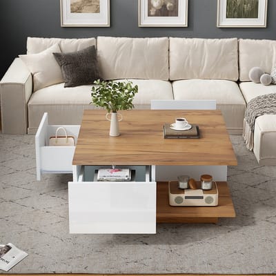 Pugsdrly Salontafel 70 x 70 x 31,5 cm met 3 lades, geometrische salontafel, glanzende salontafel, bijzettafel, geschikt voor kleine ruimtes, wit + originele houtkleur