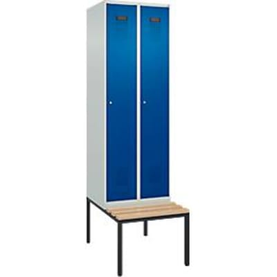 C+P Evolo Plus garderobekast, 2 vakken van elk 300 mm breed, bank onderin, B 600 x D 815 x H 2120 mm, cilinder, lichtgrijs/gentiaanblauw