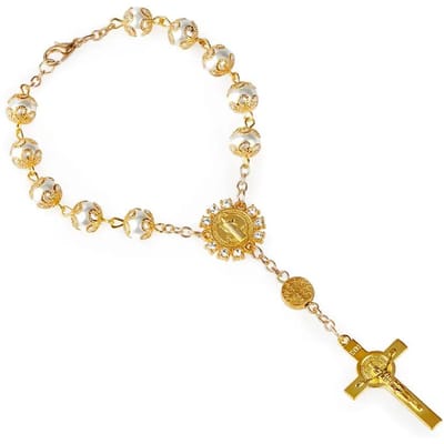 Nieuw Religieus Rozenkrans Armband Voor Vrouwen Mode Kruis Bedel 8MM Glazen Kralen Ketting Armband Mannen Gebed Feest Sieraden Cadeau white
