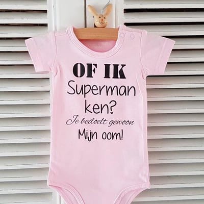 Baby romper met tekst-zwangerschap aankondiging cadeautje | Of ik superman ken? Je bedoelt gewoon mijn oom | korte mouw | roze | maat 62/68 | geboorte kraamcadeau cadeau