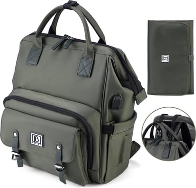 Brisby overzichtelijke luiertas – verzorgingstas – met buggymontage en stay-open frame - verschoonmatje - USB oplaadfunctie - geïsoleerde flessen vakjes - groen