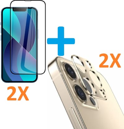 2X Volledige Dekking Scherm Tempered Glass Screen Protector  + 2X Camera lens Beschermer goud Geschikt voor: Apple iPhone 13 Mini