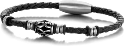 FRANK 1967 7FB-0304 - Heren Armband - Gevlochten - Leer - Staal - 21cm - Zwart
