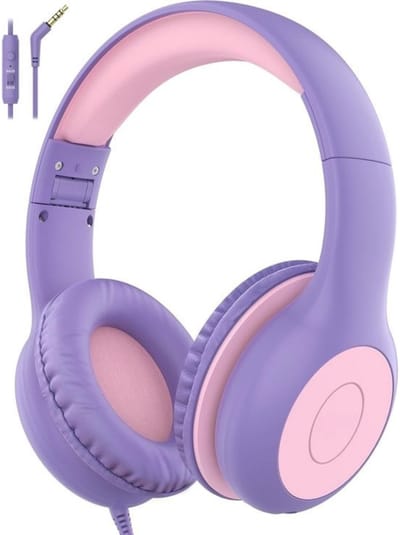 Intelectro Koptelefoon voor Kinderen - Veiligheid en Plezier in Eén! - Hoogwaardige Stereogeluid - Comfortabele Draagervaring - HD Microfoon - Volumeregeling - Brede Compatibiliteit en Audio Delen - Paars/Roze - Levering Sneller dan Aangegeven!