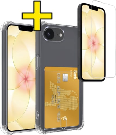 Hoesje - Geschikt voor Apple iPhone 17e - Met Screenprotector - En Pashouder - En Kaarthouder - Telefoon Hoes Shockproof - Siliconen Case - Back Cover - Shock Proof - Pasjes Houder - Telefoonhoesjes - Transparant