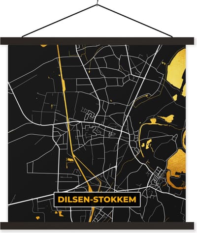 Posterhanger incl. Poster 60x60 cm - Schoolplaat - Stadskaart - Dilsen-Stokkem - Goud - Kaart - Plattegrond - Textielposter - Zwarte latten - Stadskaart