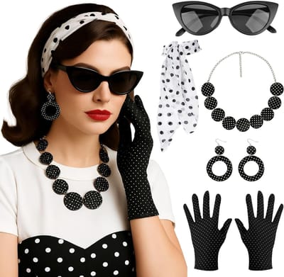 Rockabilly accessoires voor vrouwen - 50s kostuumaccessoires, vintage sieraden, handschoenen, brillen, oorbellen en haarband voor carnaval, Halloween en retrofeesten