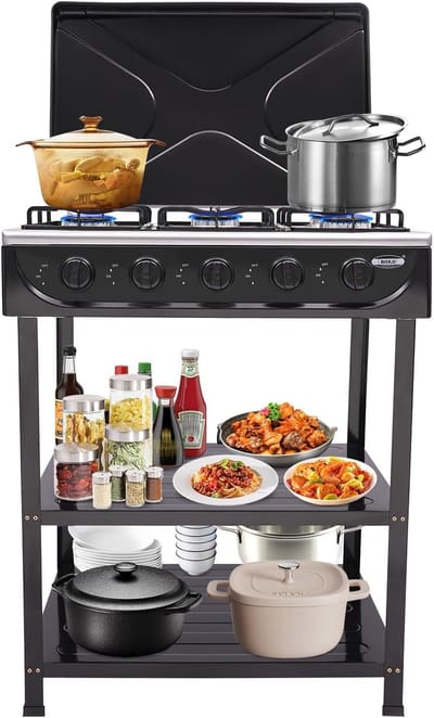 Gasfornuis 5 Brander - Buiten Koken - Kamperen Motorhome - Windscherm & Planken - 82 cm Hoog - Zwart