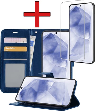 Hoesje - Met Screenprotector - Geschikt voor Samsung Galaxy A55 - Luxe Pasjeshouder - Flipcase - Bookcase Portemonee - Flip Case - Kunstleer Book Case - Book Cover - Walletcase - Portemonneehoes - Telefoonhoes - Donkerblauw