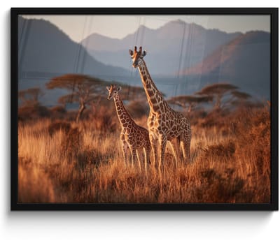 Poster in lijst - Fotolijst 80x60 cm - Posters - Giraffen - Hoog gras - Acaciabomen - Posterlijst zwart - Decoratie - Wanddecoratie woonkamer - Muurdecoratie slaapkamer