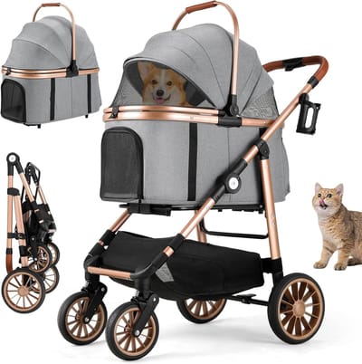 Hondentrolley voor Dieren, Opvouwbare Transporttas tot 25 kg, Buggy met Schokabsorberende Wielen en Mesh Vensters, Ideaal voor Honden en Katten
