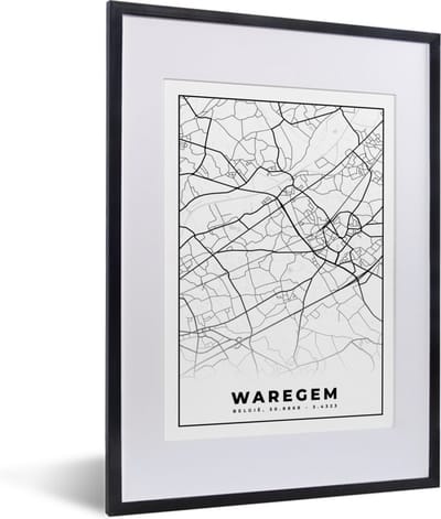 Fotolijst incl. Poster Zwart Wit- Zwart Wit – België – Plattegrond – Stadskaart – Kaart – Waregem - 30x40 cm - Posterlijst