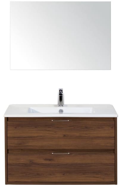 Porto Badmeubelset 90 cm - Walnoot - Keramische Wastafel Wit Slim met Spiegel