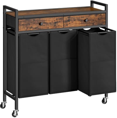 Home & Beyond® Wasmandkast met 3 Vakken en Lades - Wassorteerder op Wielen met Uitneembare Waszakken - Zwart en Vintage Houtlook - 84 x 30 x 96 cm