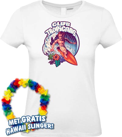Dames t-shirt Surfing Man | Toppers in Concert 2024 | Club Tropicana | Hawaii Shirt | Ibiza Kleding | Wit Dames | maat XS