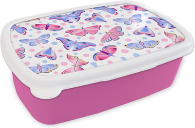 Broodtrommel Roze - Lunchbox - Brooddoos - Vlinders - Stippen - Patronen - 18x12x6 cm - Kinderen - Meisje