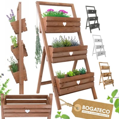 BOGATECO Set mit 3 Blumentöpfen auf einem Ständer 110cm | 3er Set Blumentopf Pflanzkübel 40x18cm | Holz Blumenkübel für Tomaten und Blumen, Pflanzentopf für Garten Balkon