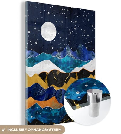 MuchoWow® Glasschilderij 30x40 cm - Schilderij acrylglas - Nacht - Goud - Marmer - Abstract - Landschap - Berg - Foto op glas - Muurdecoratie woonkamer - Wanddecoratie slaapkamer - Schilderijen