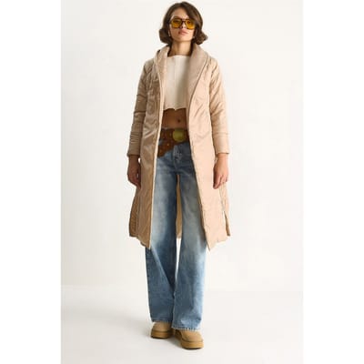 Textured Sjaalkraag Midi Puffer Jack met Striksluiting