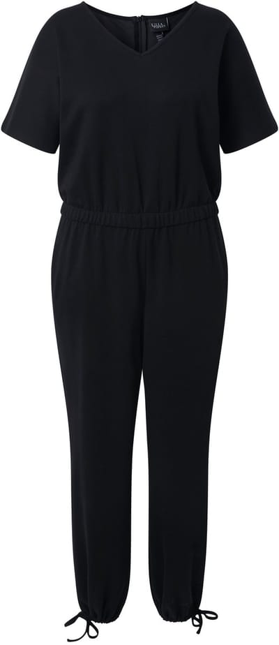 Ulla Popken - Dames - Jumpsuit V-hals elastische taille korte vleermuismouwen - Zwart - Maat 50