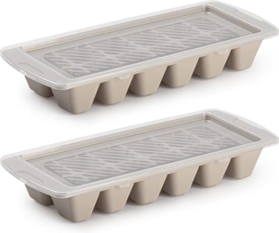 Plasticforte IJsblokjesvormen - taupe - 2x stuks - met afsluitdeksel - 28 x 11 cm - ijsklontjes bakje - kunststof