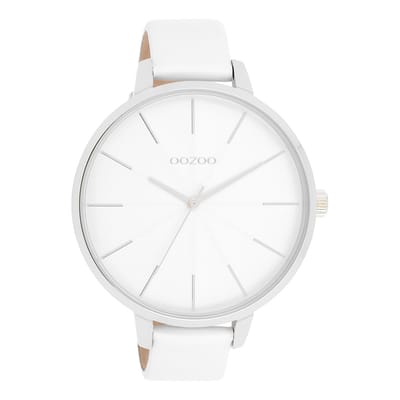 Zilverkleurige OOZOO horloge met witte leren band - C11345