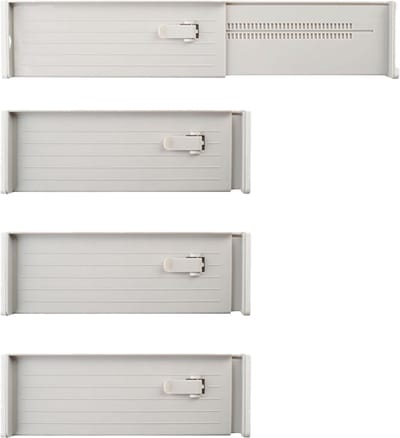Set van 4 - Lade Organizer - Ladeverdeler - Ladeverdeler Verstelbaar - Lade Bakjes - Lade Verdelers - Ladeverdeler Uitschuifbaar - Voor Kleding, Keuken, Badkamer en Kledingkast - 27 tot 47 x 9 cm - Grijs