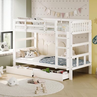 Stapelbed Hout - Hoogslaper Kinderbed - Kinderkamer Inrichten - Met Lades Valbeveiliging - 90x200cm - Wit